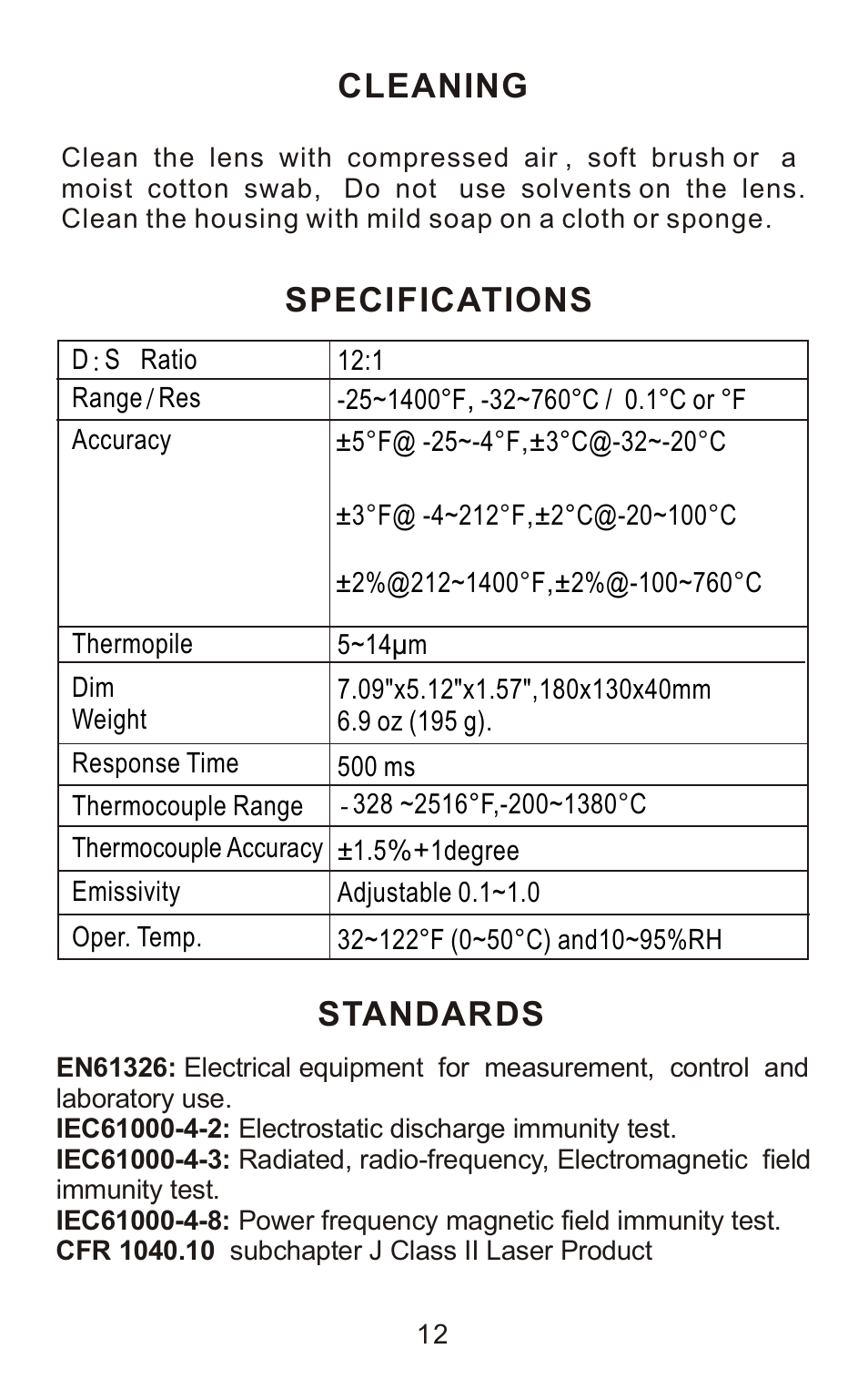Specifications, Cleaning, Standards | Sper Scientific 800106 Infrared IR Thermometer Gun 12:1 User Manual | Page 14 / 16