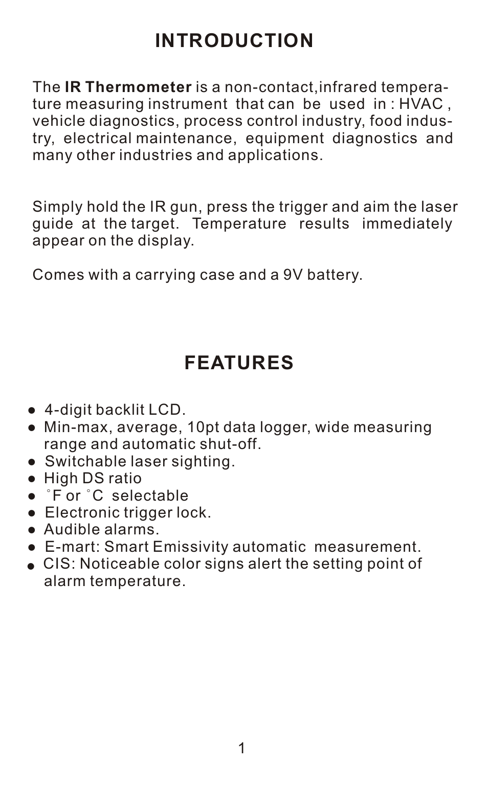 Introduction, Features | Sper Scientific 800106 Infrared IR Thermometer Gun 12:1 User Manual | Page 3 / 16