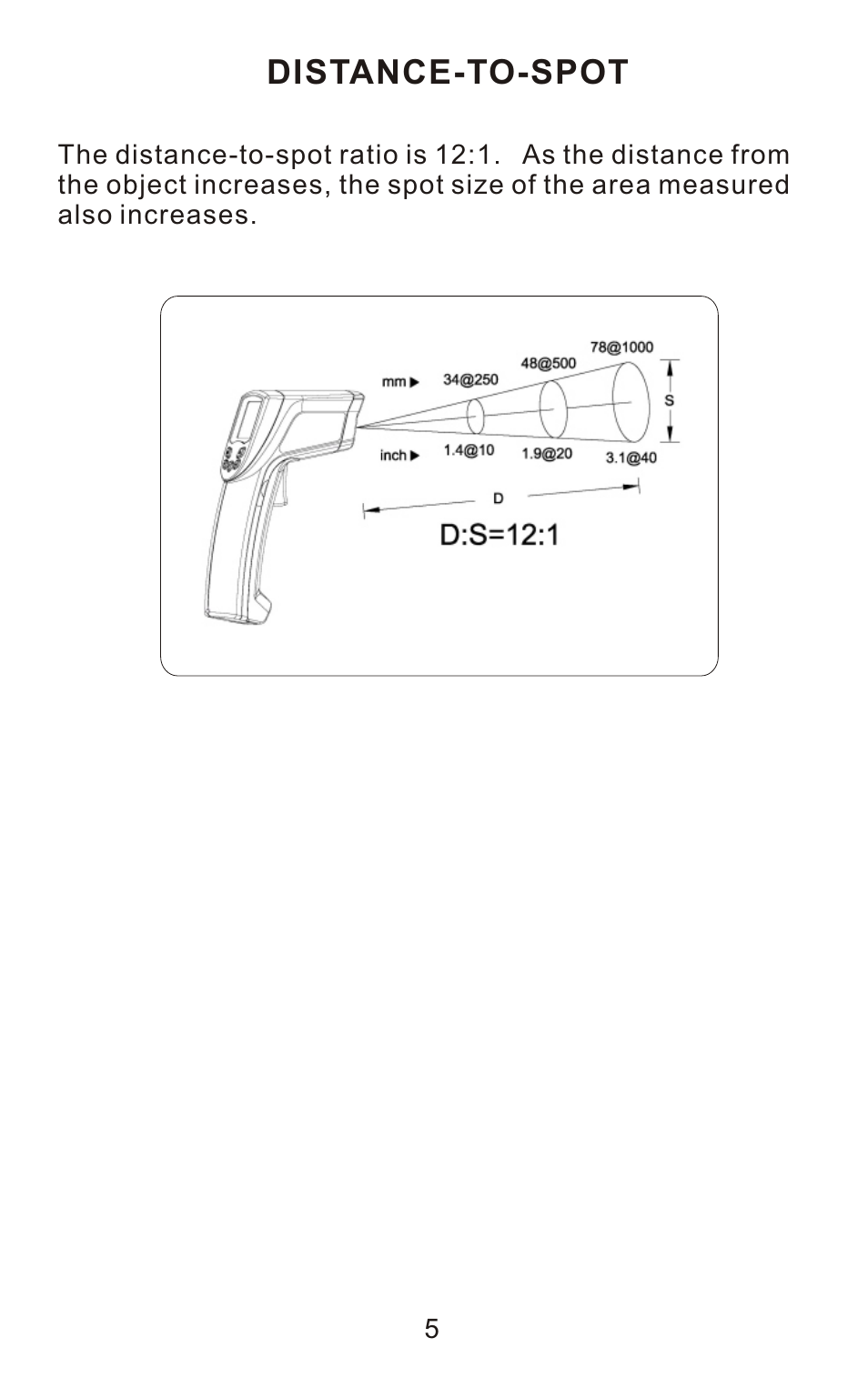 Distance-to-spot | Sper Scientific 800106 Infrared IR Thermometer Gun 12:1 User Manual | Page 7 / 16
