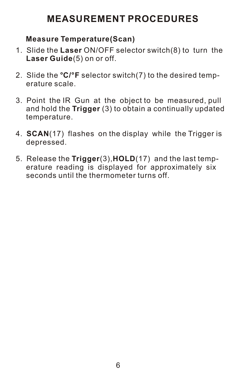 Measurement procedures | Sper Scientific 800106 Infrared IR Thermometer Gun 12:1 User Manual | Page 8 / 16