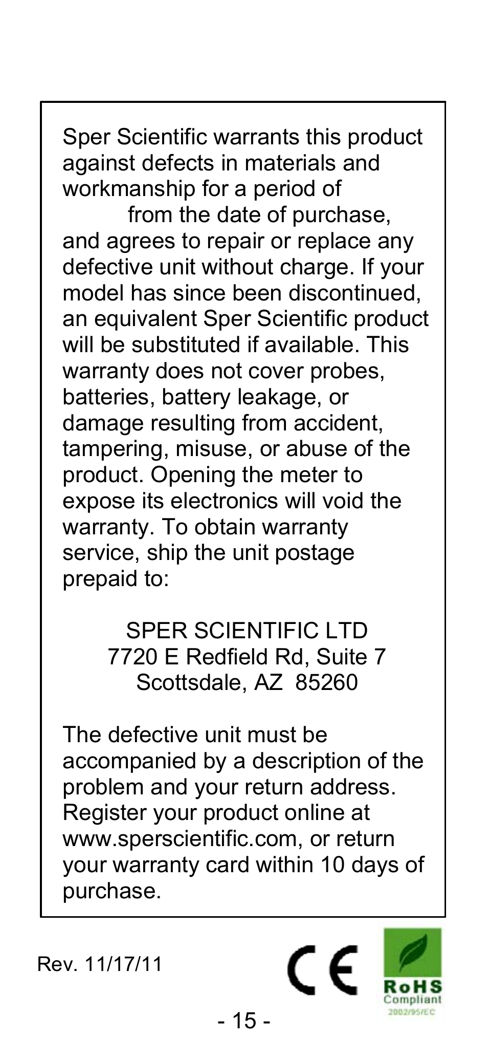Warranty | Sper Scientific 800108 IR Thermistor Pen User Manual | Page 15 / 16