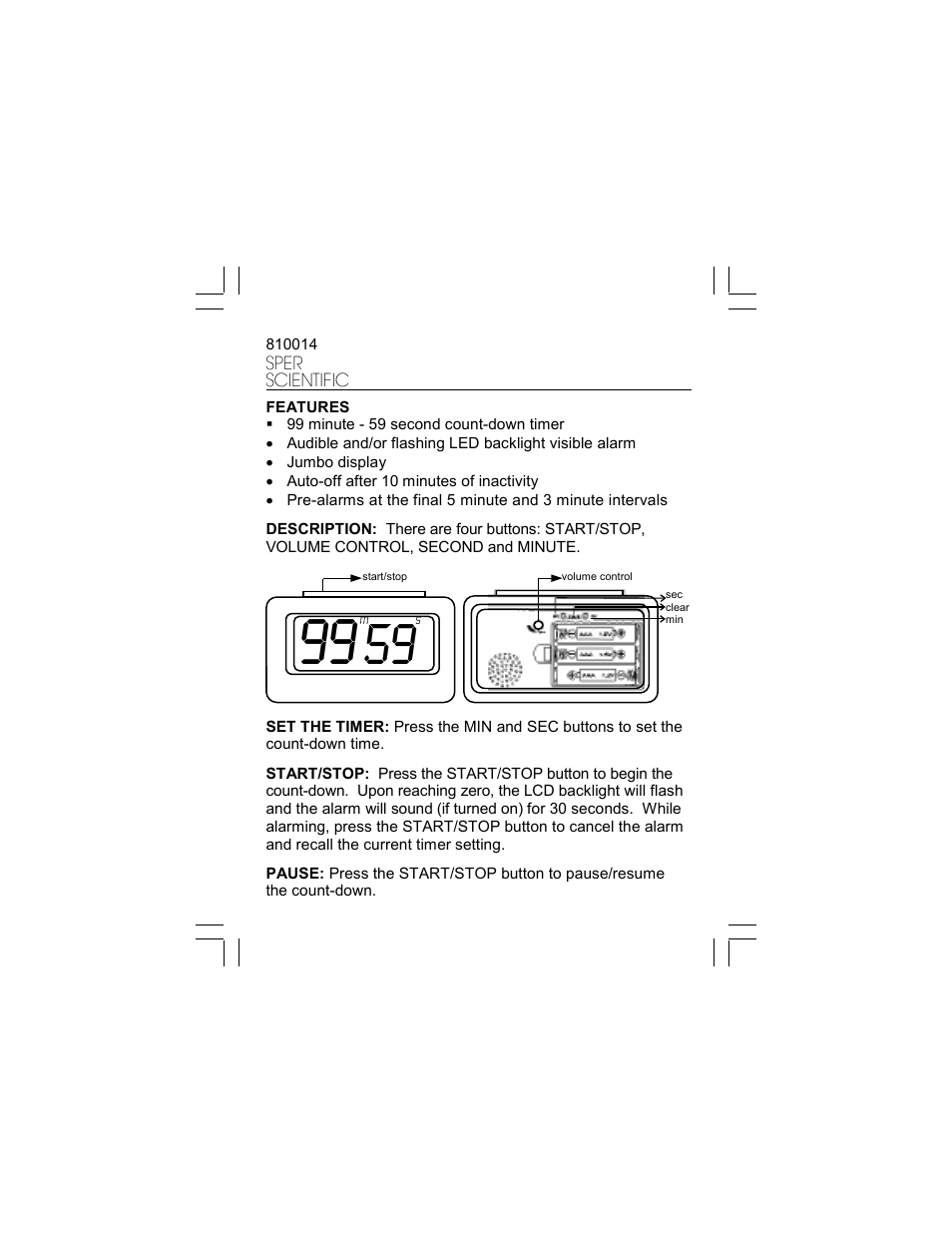 Sper Scientific 810014 Bench Timer Visual-Audible User Manual | 2 pages