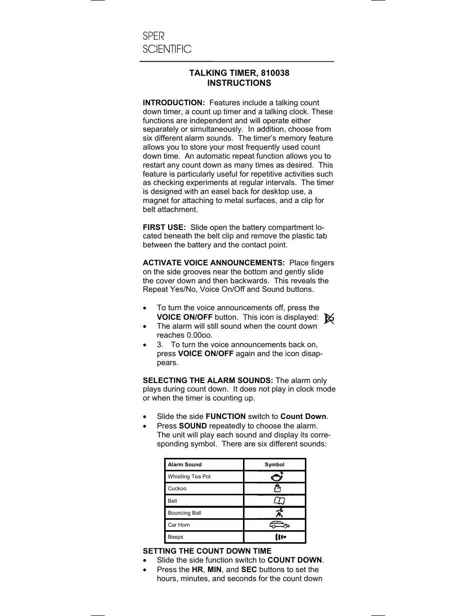 Sper Scientific 810038 Talking Timer User Manual | 4 pages