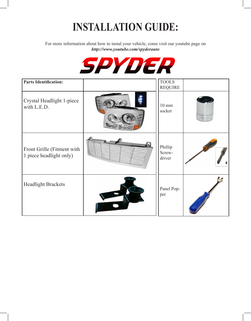 Spyder Auto Crystal Headlight User Manual | 3 pages