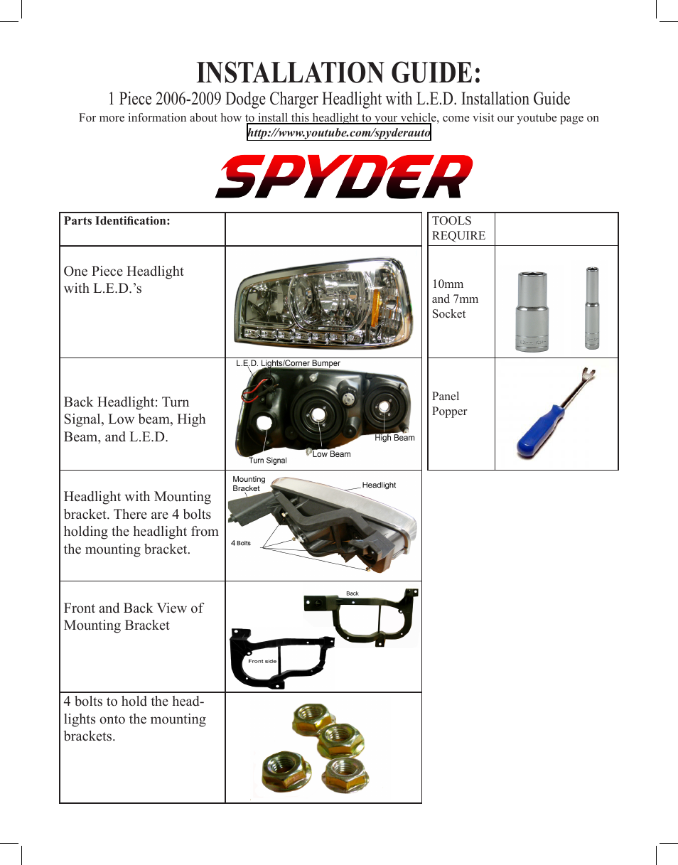 Spyder Auto Dodge Charger 06-09 Headlight with LED User Manual | 4 pages