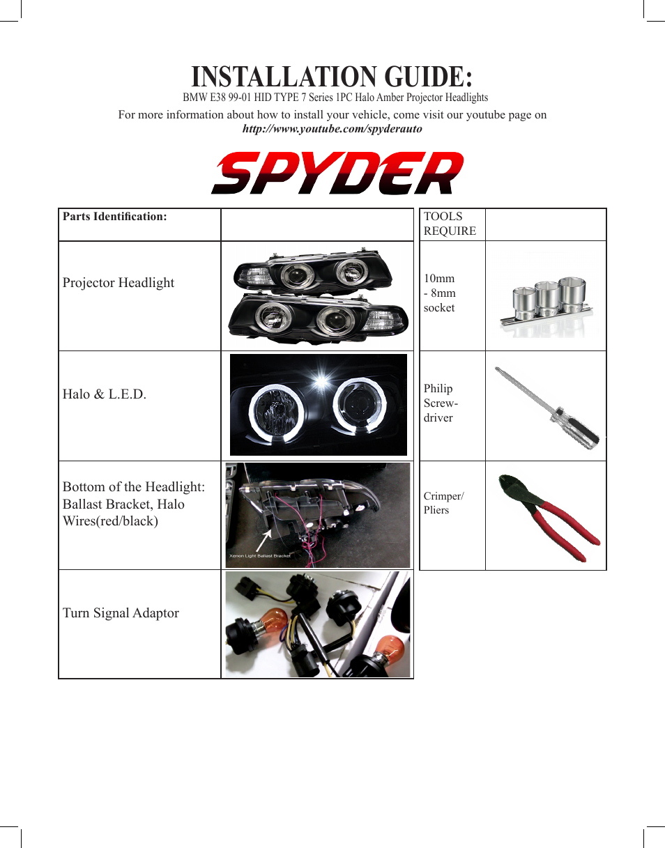 Spyder Auto PRO-YD-BMWE38 99-01 HID TYPE 7 Series User Manual | 3 pages