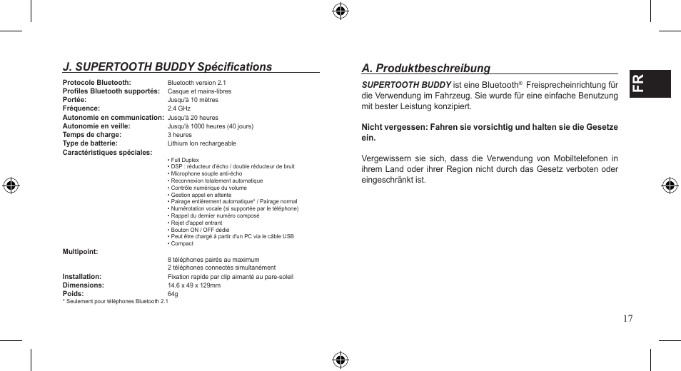 A. produktbeschreibung, J. supertooth buddy spécifications | SUPERTOOTH BUDDY User Manual | Page 17 / 51