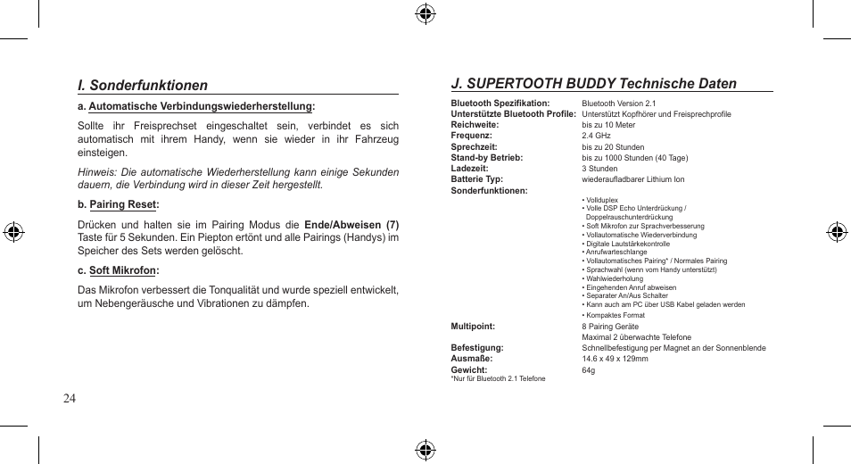 J. supertooth buddy technische daten, I. sonderfunktionen | SUPERTOOTH BUDDY User Manual | Page 24 / 51
