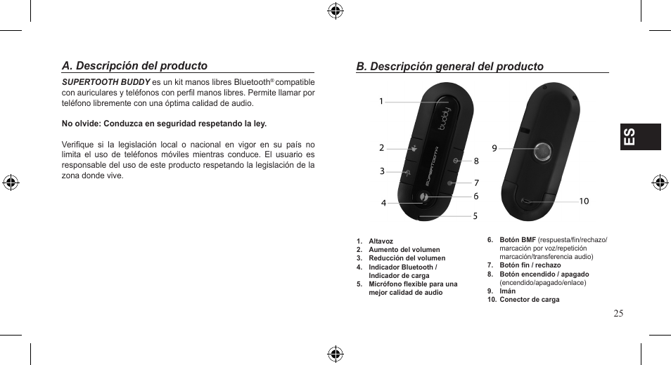 B. descripción general del producto, A. descripción del producto | SUPERTOOTH BUDDY User Manual | Page 25 / 51