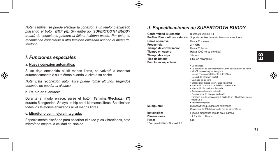 I. funciones especiales, J. especificaciones de supertooth buddy | SUPERTOOTH BUDDY User Manual | Page 31 / 51