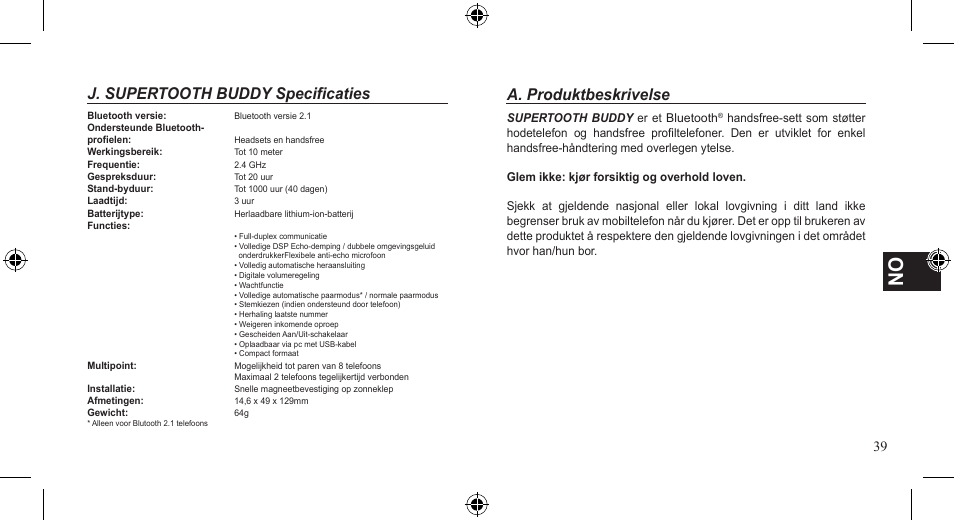 J. supertooth buddy specificaties, A. produktbeskrivelse | SUPERTOOTH BUDDY User Manual | Page 39 / 51