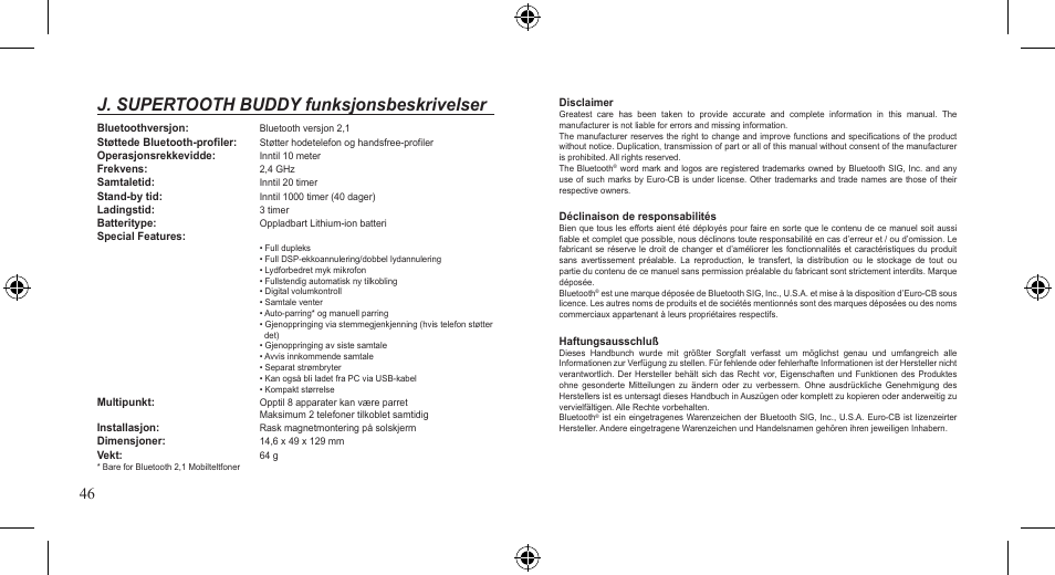 J. supertooth buddy funksjonsbeskrivelser | SUPERTOOTH BUDDY User Manual | Page 46 / 51
