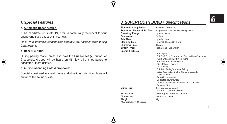 I. special features, J. supertooth buddy specifications | SUPERTOOTH BUDDY User Manual | Page 9 / 51