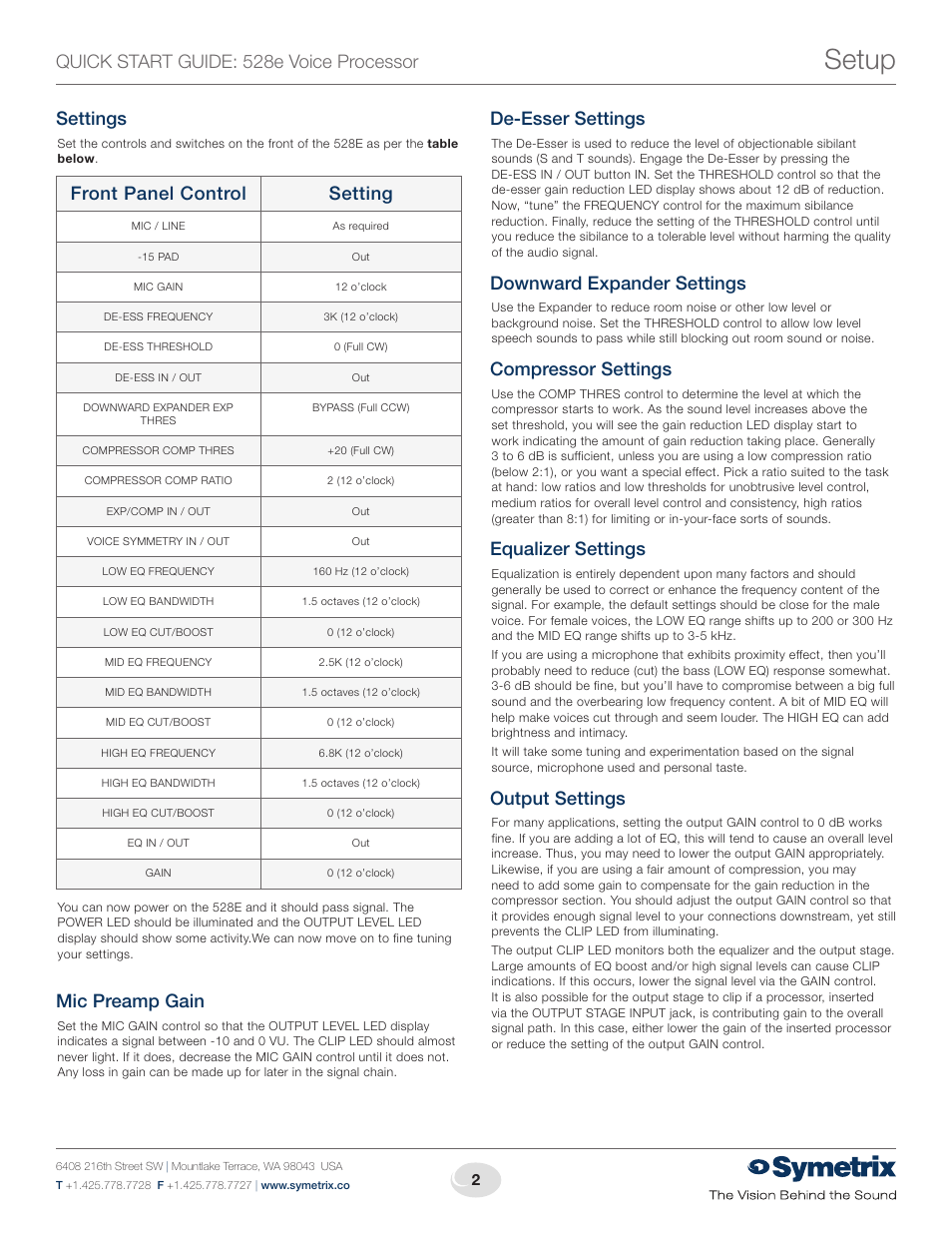 Setup, Quick start guide: 528e voice processor, Settings | Front panel control setting, Mic preamp gain, De-esser settings, Downward expander settings, Compressor settings, Equalizer settings, Output settings | Symetrix 528E Voice Processor User Manual | Page 2 / 4