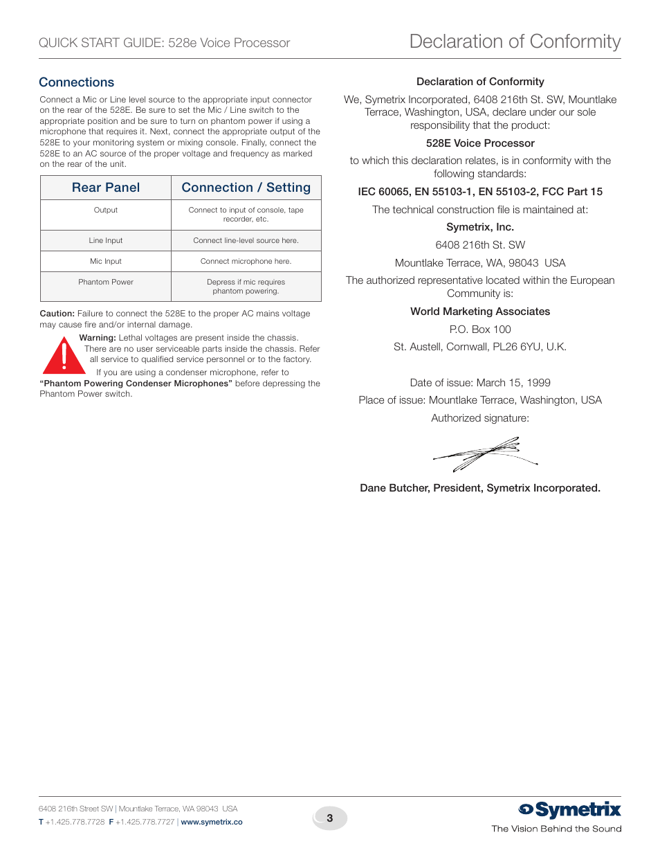 Declaration of conformity, Quick start guide: 528e voice processor, Rear panel connection / setting | Connections | Symetrix 528E Voice Processor User Manual | Page 3 / 4