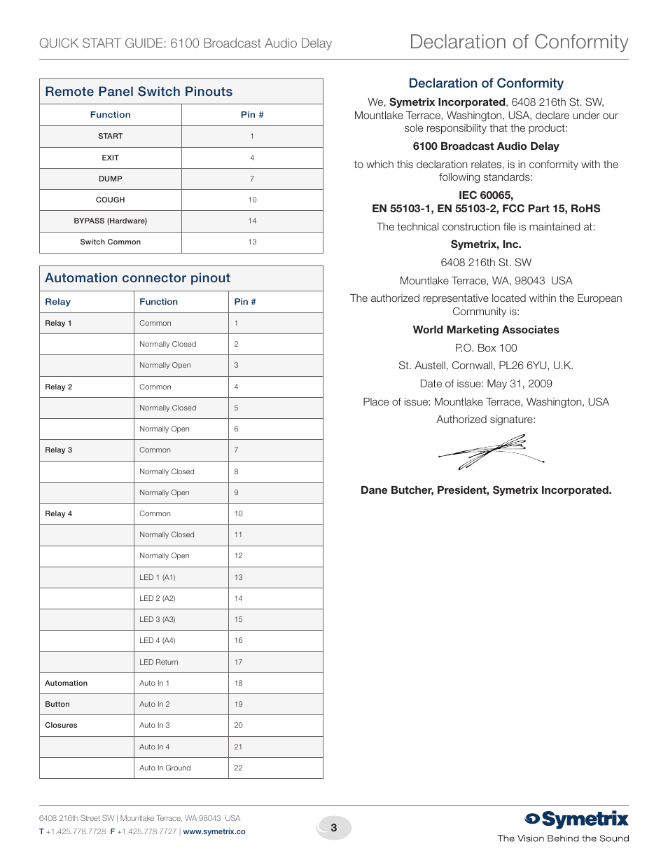 Declaration of conformity, Quick start guide: 6100 broadcast audio delay, Remote panel switch pinouts | Automation connector pinout | Symetrix 6100 Broadcast Audio Delay User Manual | Page 3 / 4