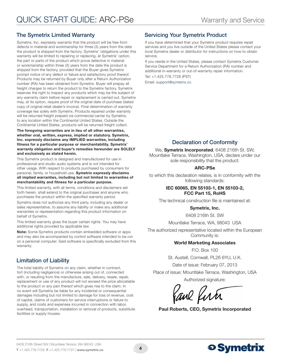 Quick start guide: arc-pse, Warranty and service | Symetrix ARC-PSe Power Supply User Manual | Page 4 / 4
