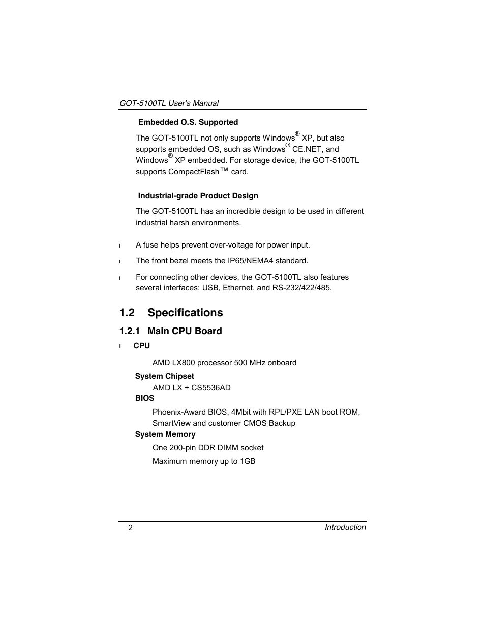 2 specifications, 1 main cpu board | Symetrix AXIOMTEK 10.4 Touch Panel PC User Manual | Page 10 / 65