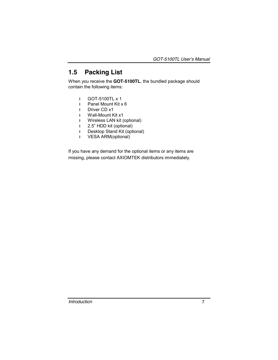 5 packing list | Symetrix AXIOMTEK 10.4 Touch Panel PC User Manual | Page 15 / 65