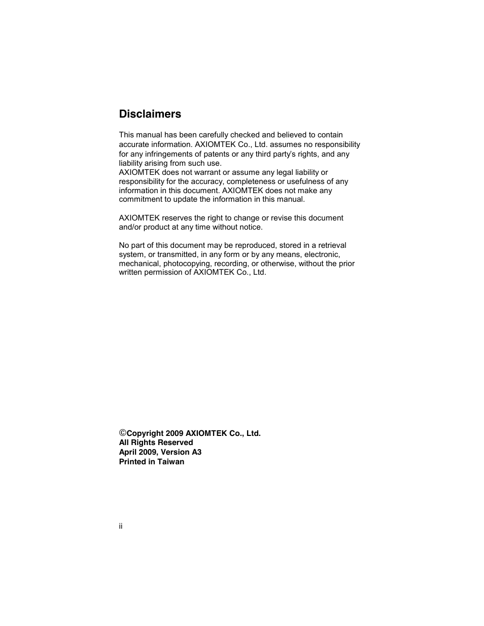 Disclaimers | Symetrix AXIOMTEK 10.4 Touch Panel PC User Manual | Page 2 / 65