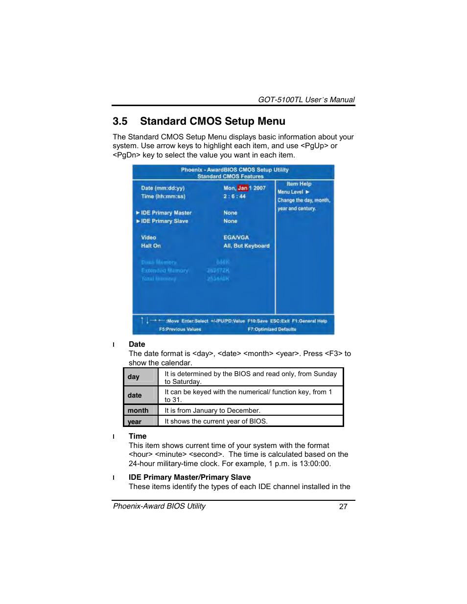 5 standard cmos setup menu | Symetrix AXIOMTEK 10.4 Touch Panel PC User Manual | Page 35 / 65