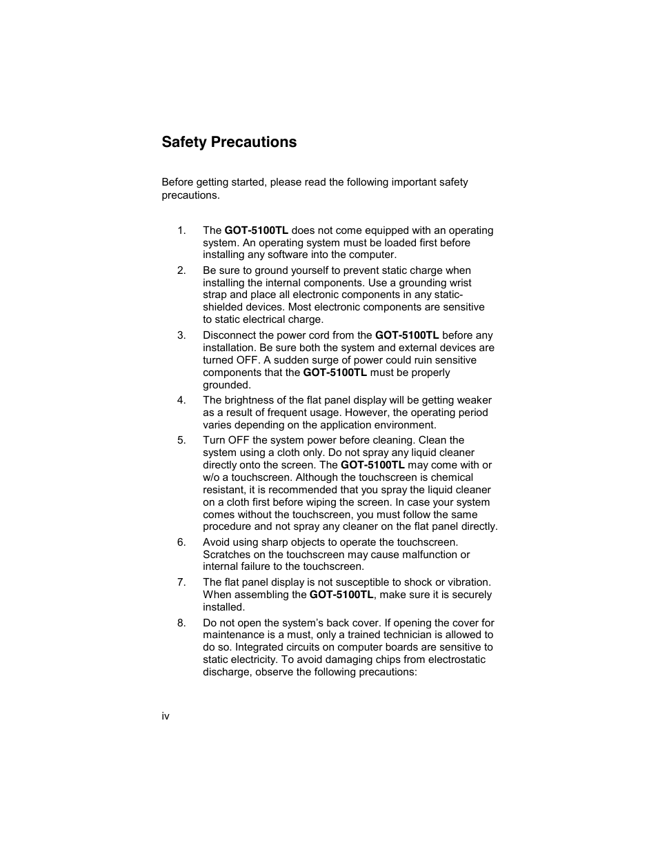 Safety precautions | Symetrix AXIOMTEK 10.4 Touch Panel PC User Manual | Page 4 / 65