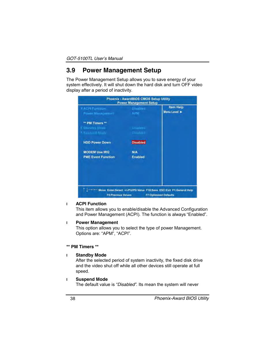 9 power management setup | Symetrix AXIOMTEK 10.4 Touch Panel PC User Manual | Page 46 / 65