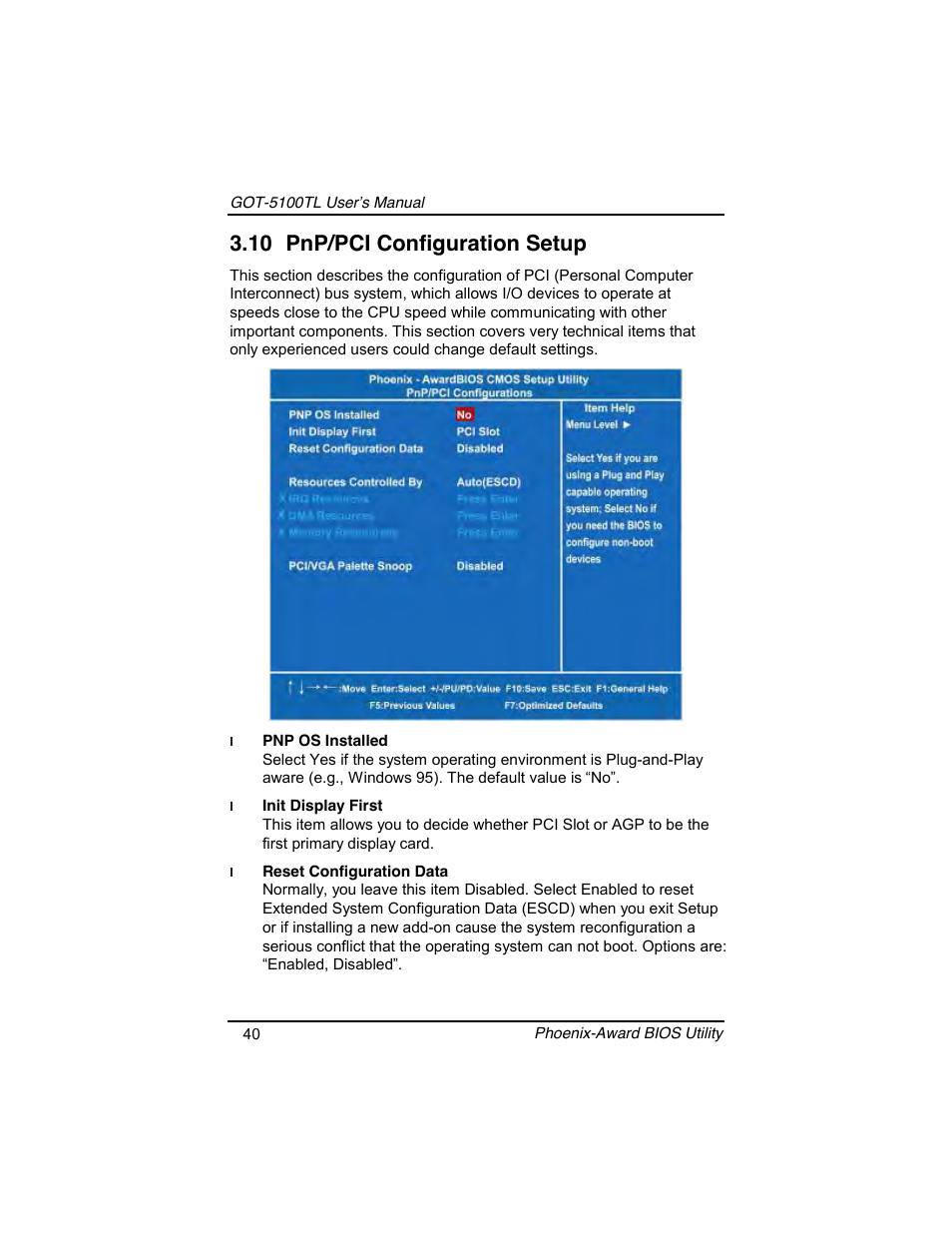 10 pnp/pci configuration setup | Symetrix AXIOMTEK 10.4 Touch Panel PC User Manual | Page 48 / 65