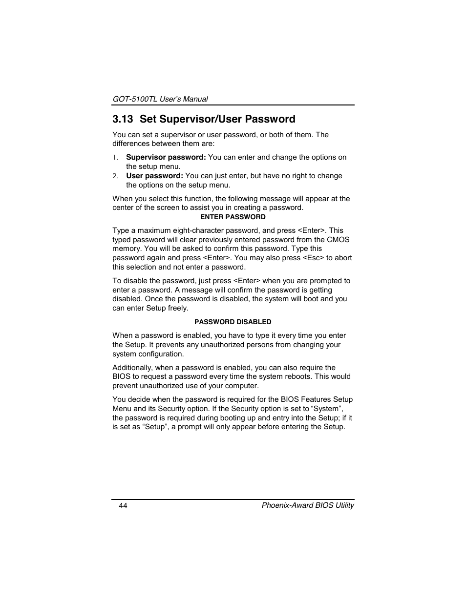 13 set supervisor/user password | Symetrix AXIOMTEK 10.4 Touch Panel PC User Manual | Page 52 / 65