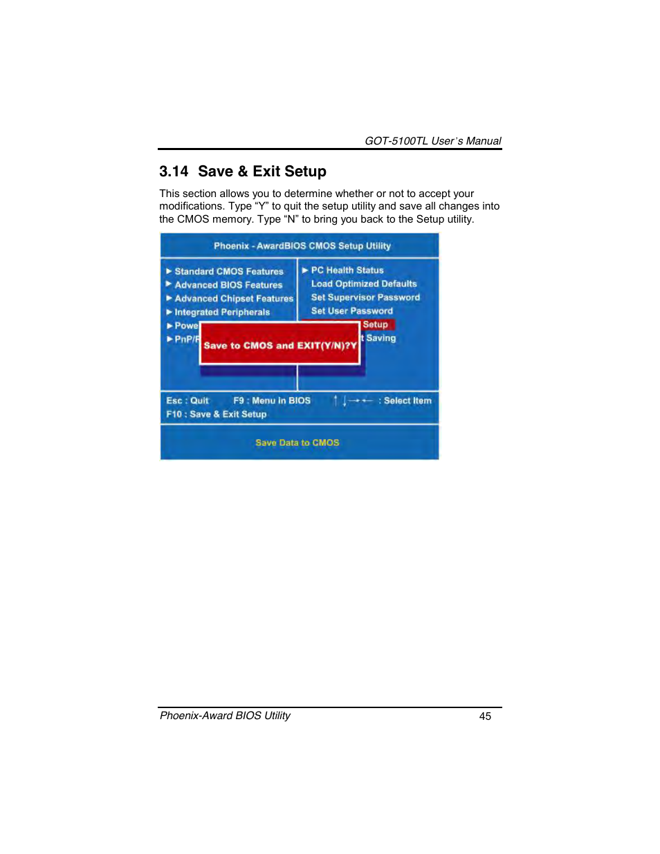 14 save & exit setup | Symetrix AXIOMTEK 10.4 Touch Panel PC User Manual | Page 53 / 65