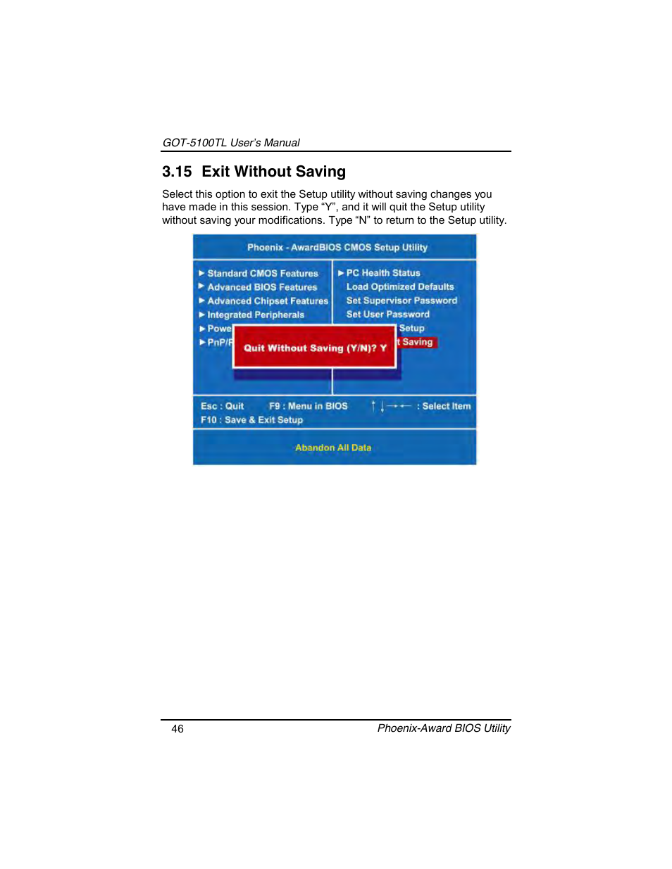 15 exit without saving | Symetrix AXIOMTEK 10.4 Touch Panel PC User Manual | Page 54 / 65