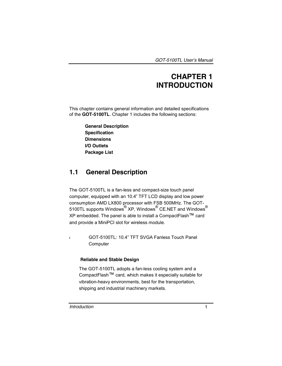 Chapter 1 introduction, 1 general description | Symetrix AXIOMTEK 10.4 Touch Panel PC User Manual | Page 9 / 65