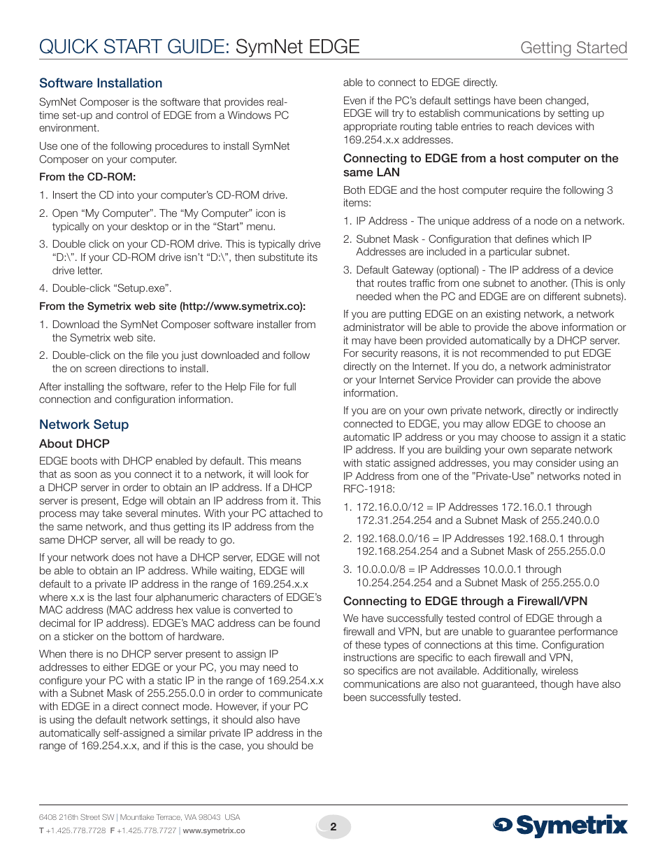 Quick start guide: symnet edge, Getting started | Symetrix Edge User Manual | Page 2 / 4