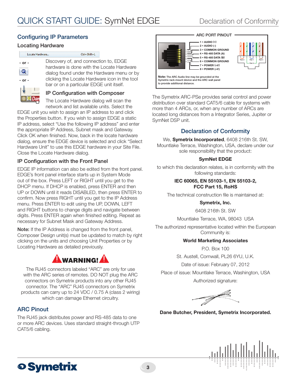 Quick start guide: symnet edge, Declaration of conformity, Configuring ip parameters | Arc pinout, Locating hardware, Ip configuration with composer, Ip configuration with the front panel | Symetrix Edge User Manual | Page 3 / 4