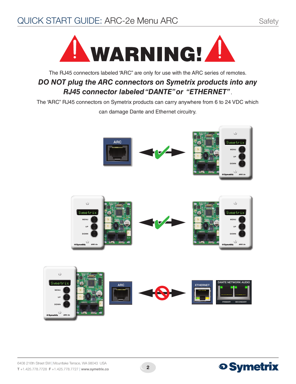 Quick start guide: arc-2e menu arc, Safety | Symetrix Menu ARC User Manual | Page 2 / 4