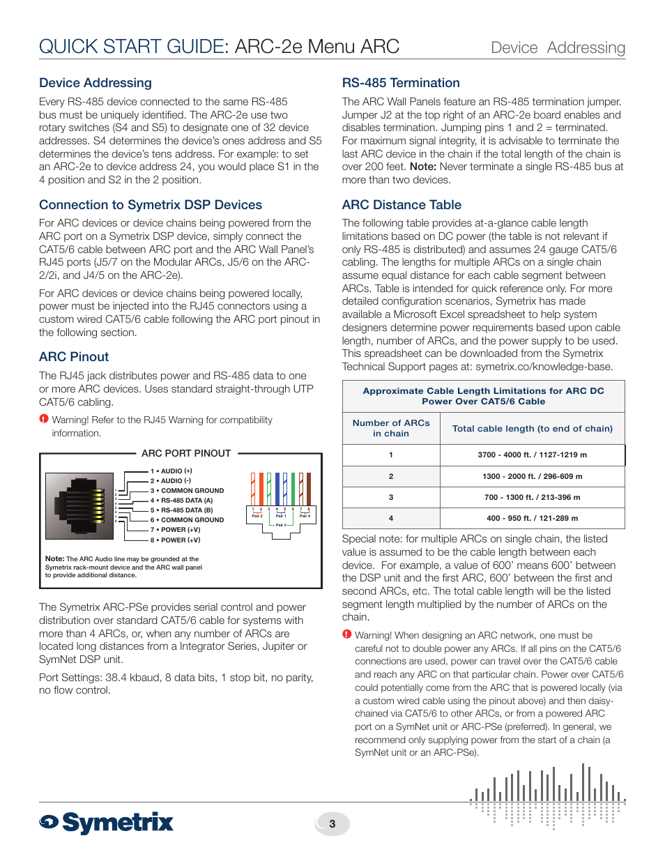 Quick start guide: arc-2e menu arc, Device addressing, Rs-485 termination | Arc distance table, Connection to symetrix dsp devices, Arc pinout | Symetrix Menu ARC User Manual | Page 3 / 4