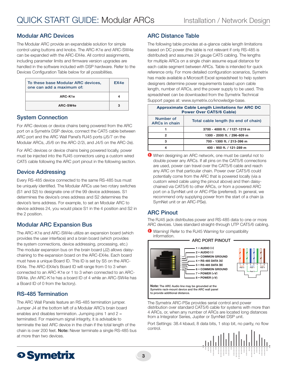 Quick start guide: modular arcs, Installation / network design, Arc distance table | Arc pinout, Modular arc devices, System connection, Device addressing, Modular arc expansion bus, Rs-485 termination | Symetrix Modular ARC User Manual | Page 3 / 4