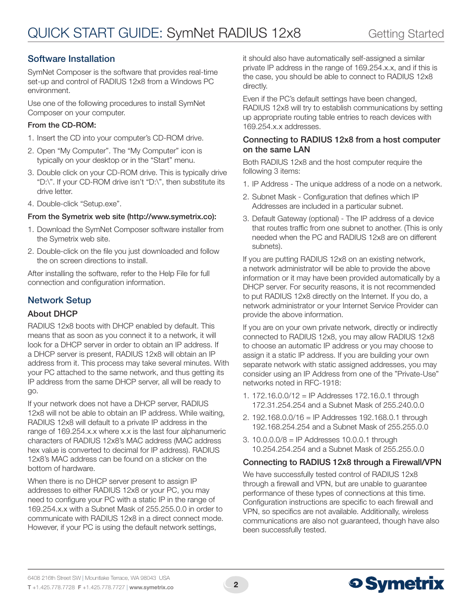 Quick start guide: symnet radius 12x8, Getting started | Symetrix Radius 12x8 User Manual | Page 2 / 4