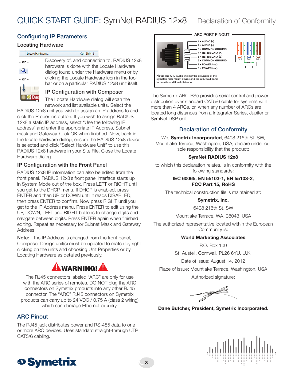 Quick start guide: symnet radius 12x8, Declaration of conformity, Configuring ip parameters | Arc pinout, Locating hardware, Ip configuration with composer, Ip configuration with the front panel | Symetrix Radius 12x8 User Manual | Page 3 / 4