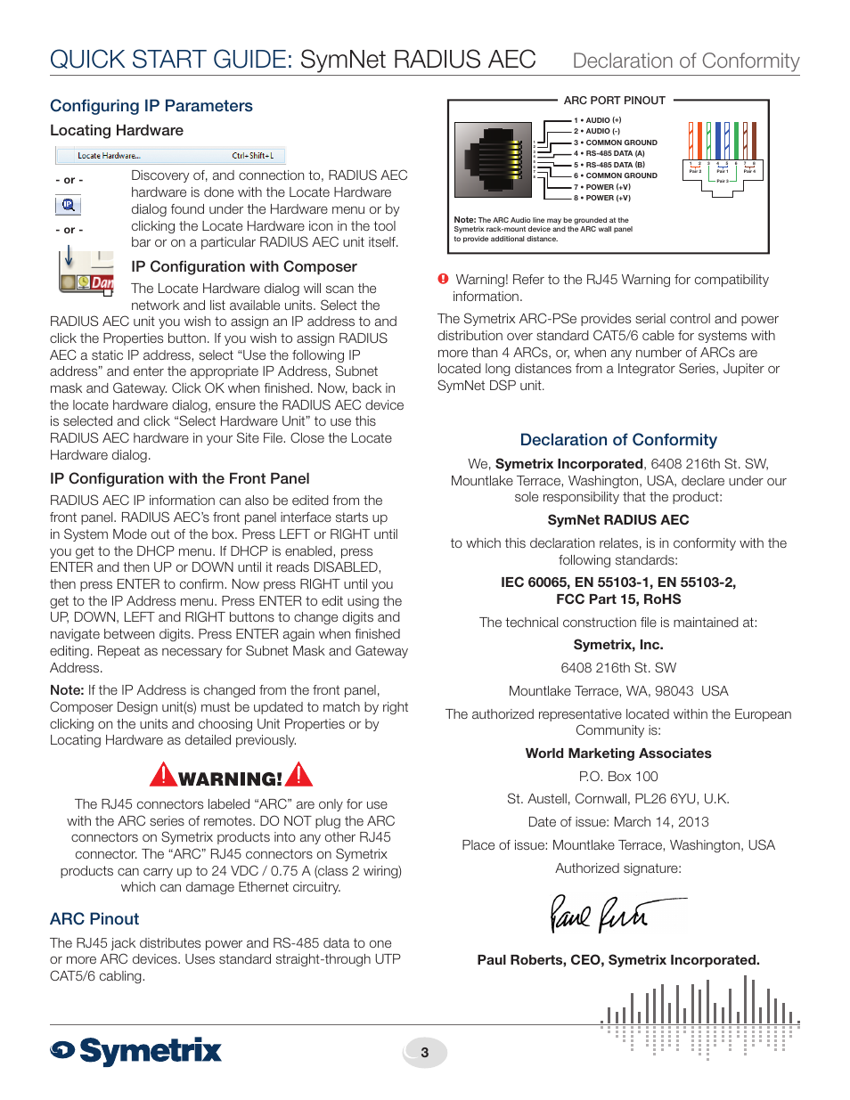 Quick start guide: symnet radius aec, Declaration of conformity, Configuring ip parameters | Arc pinout, Locating hardware, Ip configuration with composer, Ip configuration with the front panel | Symetrix Radius AEC User Manual | Page 3 / 4