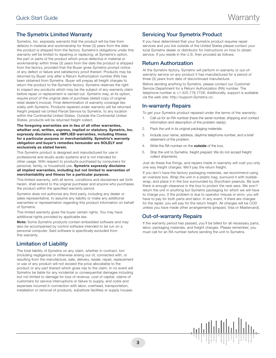 Warranty, The symetrix limited warranty, Limitation of liability | Servicing your symetrix product, Return authorization, In-warranty repairs, Out-of-warranty repairs, Quick start guide | Symetrix RC-3 User Manual | Page 3 / 4