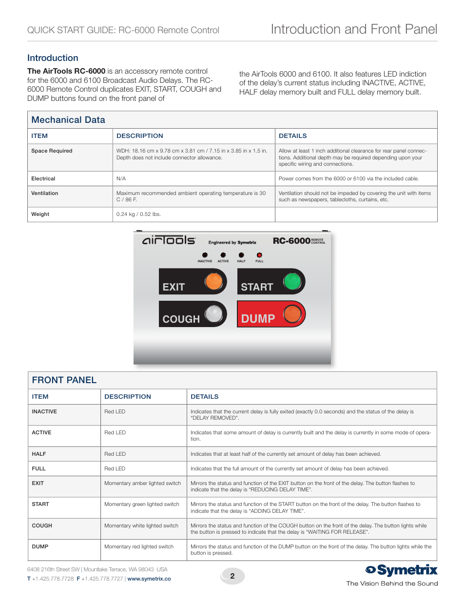 Introduction and front panel, Dump, Exit cough start | Quick start guide: rc-6000 remote control, Introduction, Mechanical data, Front panel, Rc-6000 | Symetrix RC-6000 Remote Control User Manual | Page 2 / 4