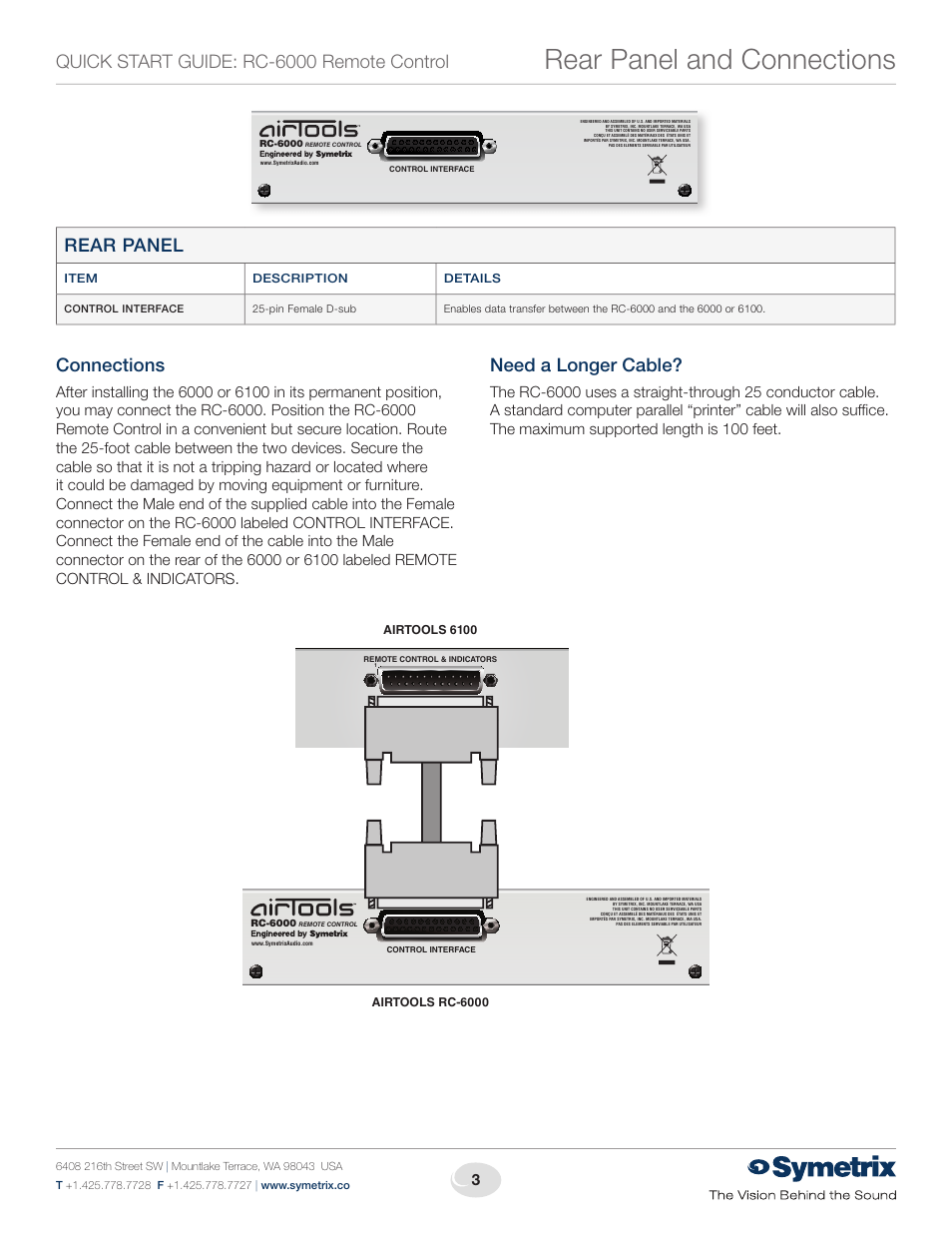 Rear panel and connections, Quick start guide: rc-6000 remote control, Connections | Need a longer cable, Rear panel | Symetrix RC-6000 Remote Control User Manual | Page 3 / 4