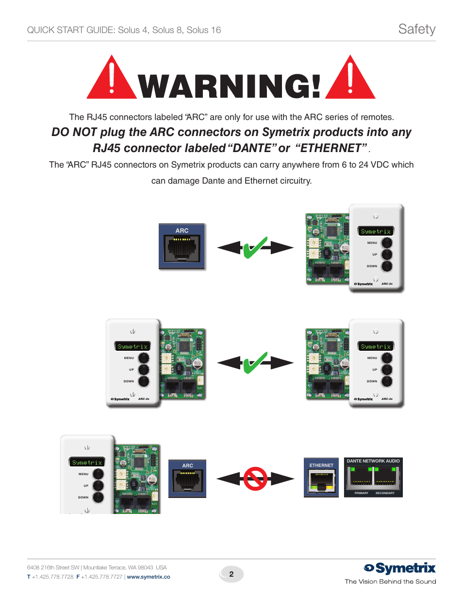 Safety, Quick start guide: solus 4, solus 8, solus 16 | Symetrix Solus User Manual | Page 2 / 4