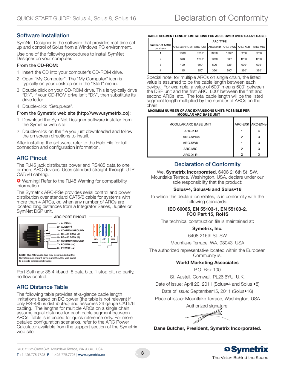 Declaration of conformity, Quick start guide: solus 4, solus 8, solus 16, Software installation | Arc pinout, Arc distance table | Symetrix Solus User Manual | Page 3 / 4