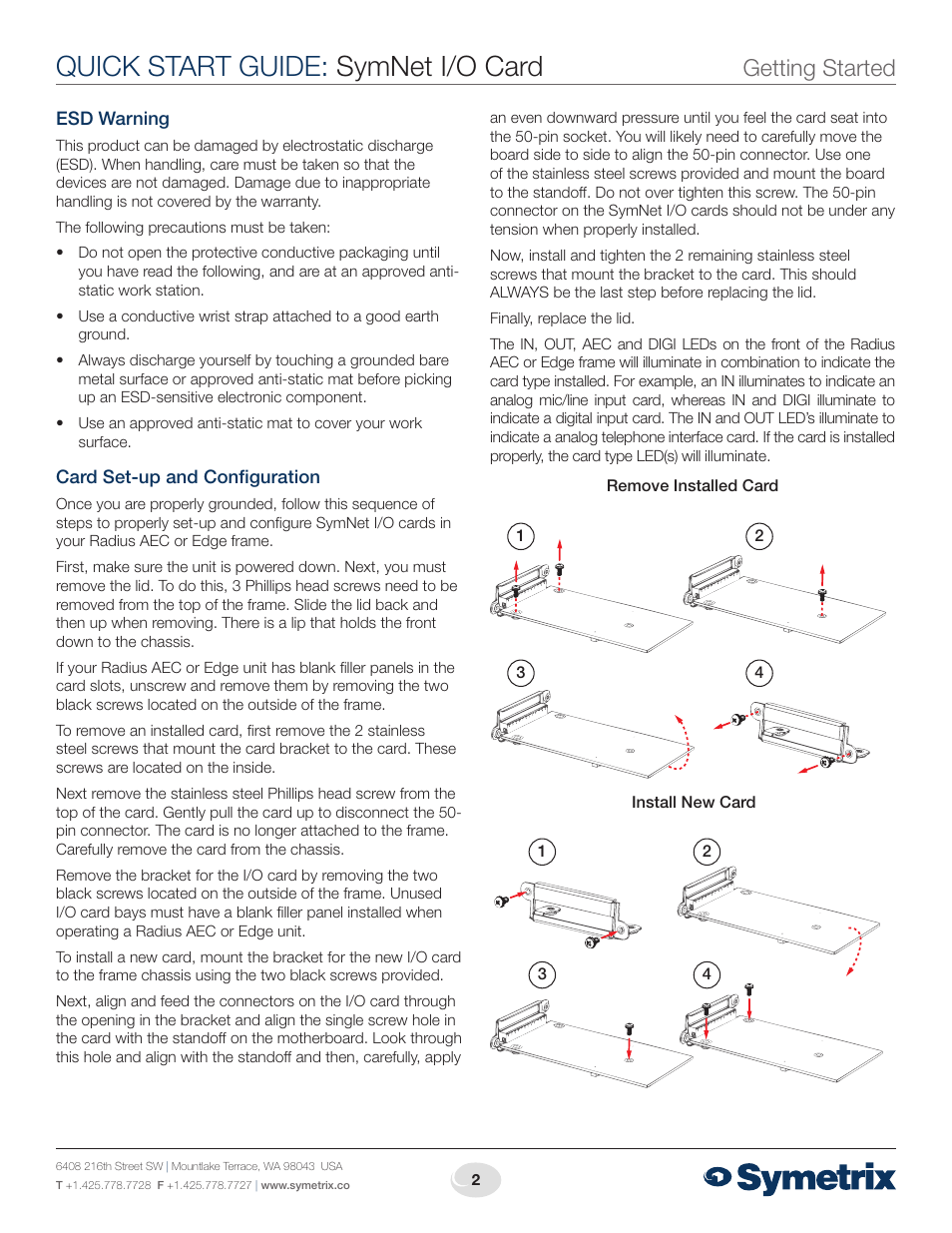 Quick start guide: symnet i/o card, Getting started | Symetrix SymNet I/O Card User Manual | Page 2 / 4