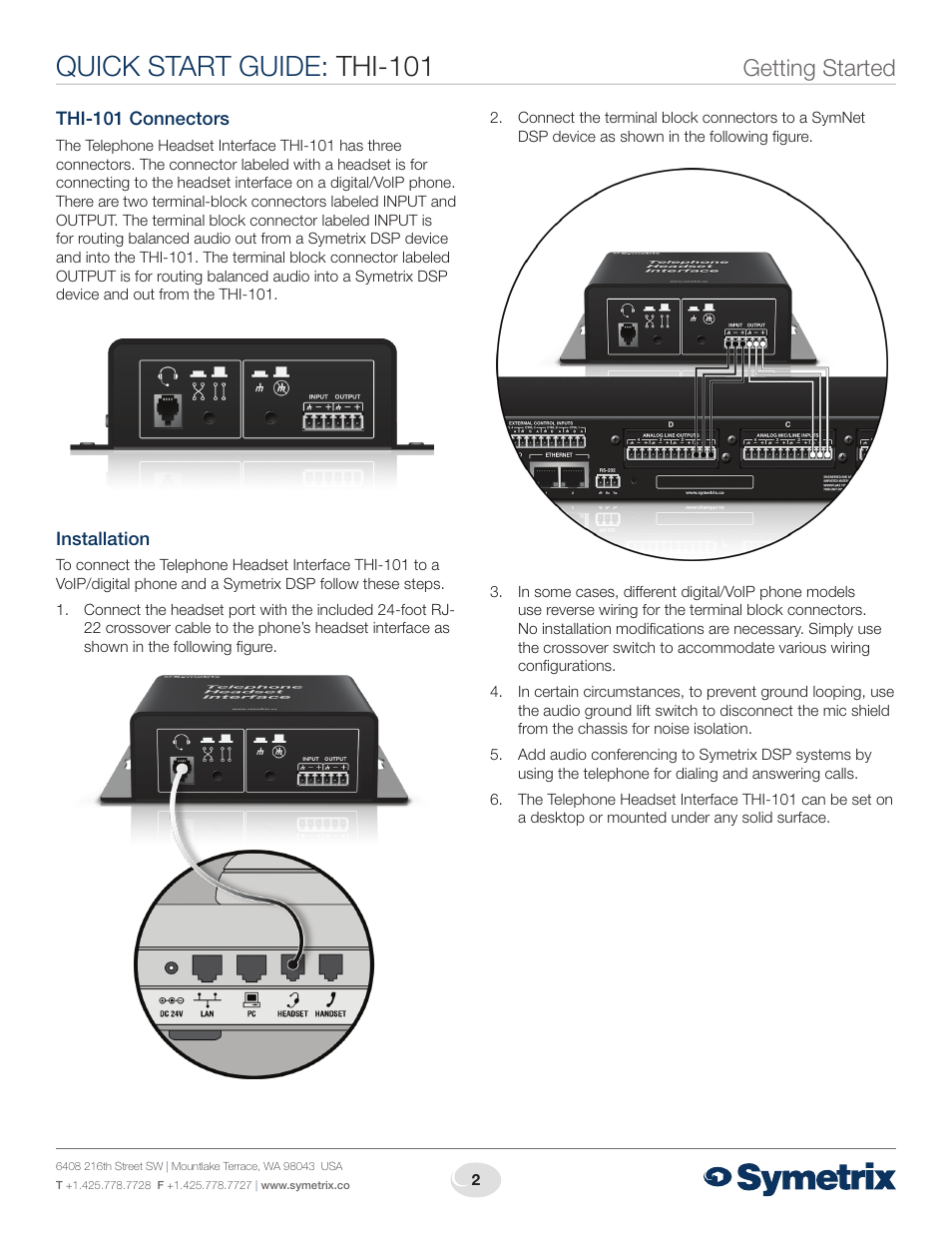 Quick start guide: thi-101, Getting started | Symetrix Telephone Headset Interface THI-101 User Manual | Page 2 / 4
