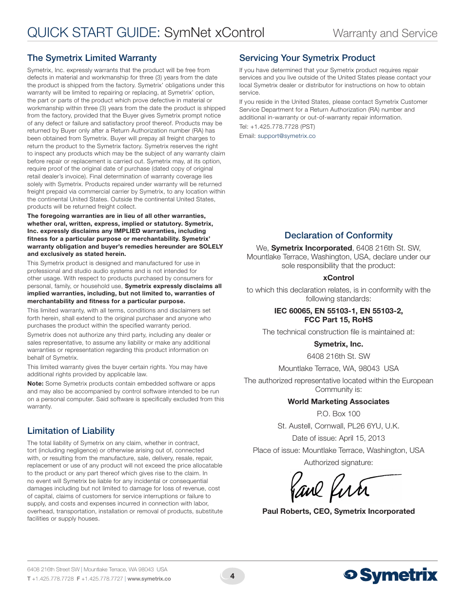 Quick start guide: symnet xcontrol, Warranty and service | Symetrix xControl User Manual | Page 4 / 4