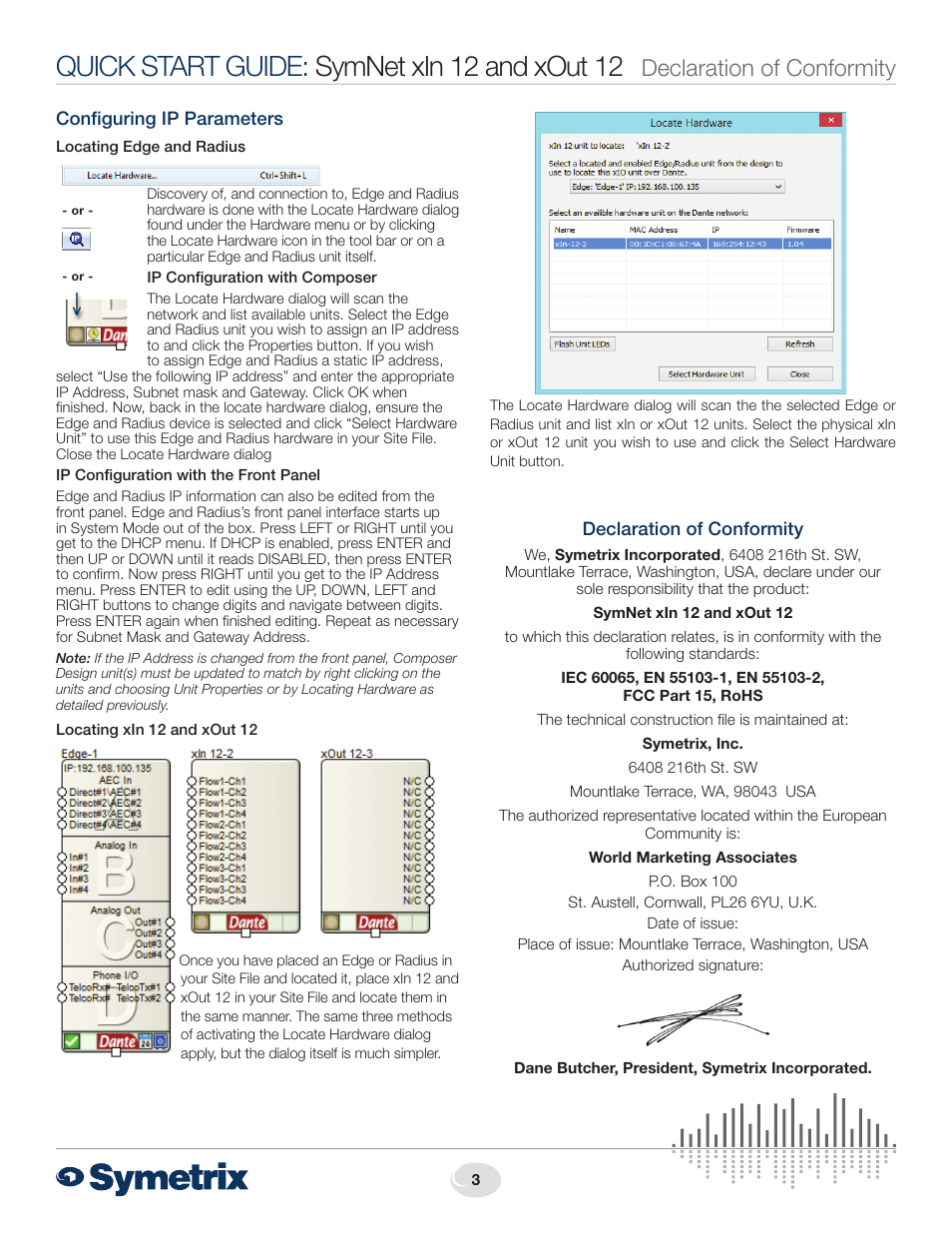 Quick start guide: symnet xin 12 and xout 12, Declaration of conformity | Symetrix xOut 12 User Manual | Page 3 / 4