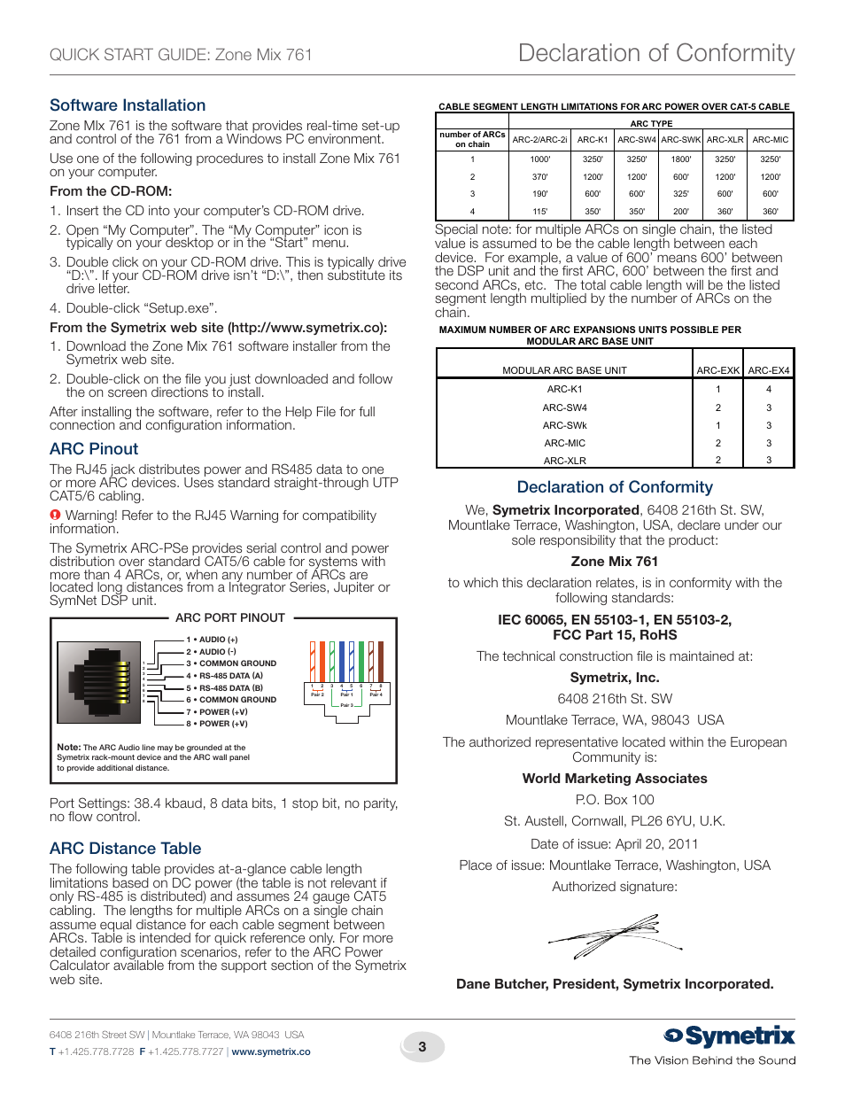 Declaration of conformity, Quick start guide: zone mix 761, Software installation | Arc pinout, Arc distance table | Symetrix Zone Mix 761 User Manual | Page 3 / 4